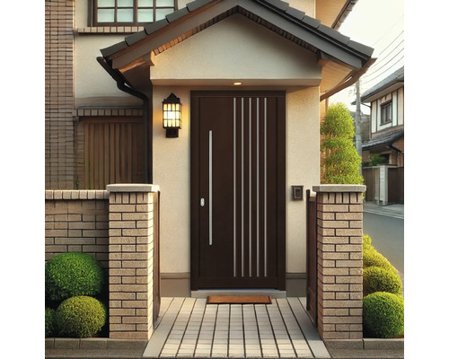 Porte d''entrée avec panneaux latéraux et boîte aux lettres dans une zone d''entrée de maison