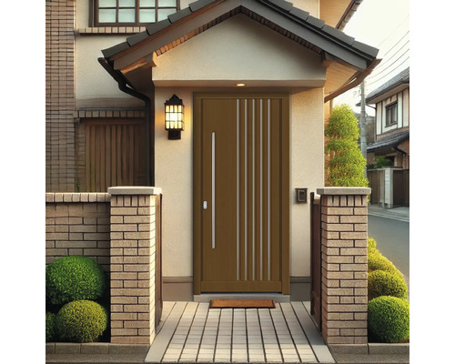 Haustür mit geraden Zierlinien in einem Hauseingang