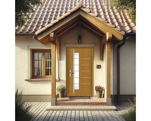 Façade de maison avec porte d''entrée en bois et éléments en verre