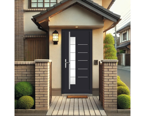 Moderne Haustür mit Glaselementen in Hausfassade