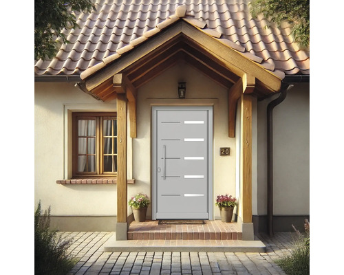 Eingangsbereich eines Hauses mit einer modernen grauen Haustür mit horizontalen Glaseinsätzen