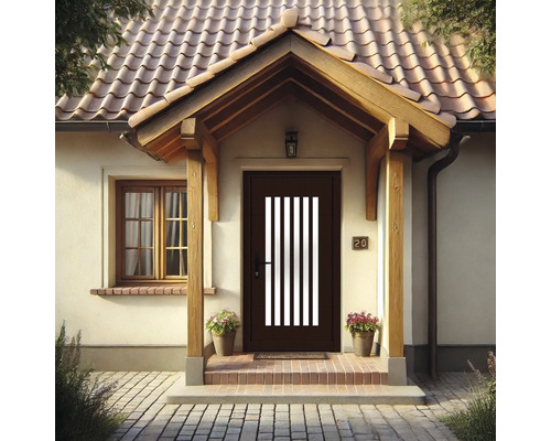 Hausfassade mit Haustür und kleinem Vorgarten