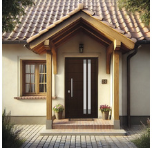 Espace d''entrée d''une maison avec porte d''entrée, fenêtre et pavage en briques