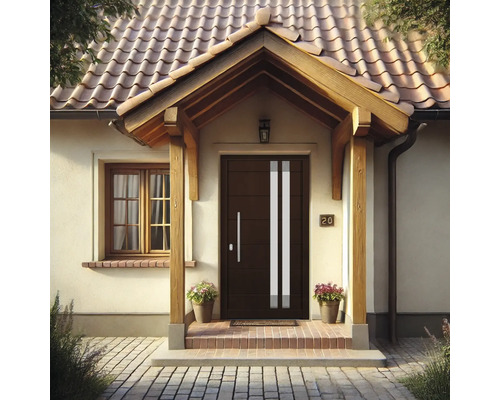 Espace d''entrée d''une maison avec porte d''entrée, fenêtre et pavage en briques