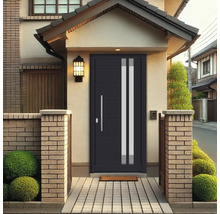 Porte d''entrée avec barre de préhension et inserts en verre dans l''entrée de la maison