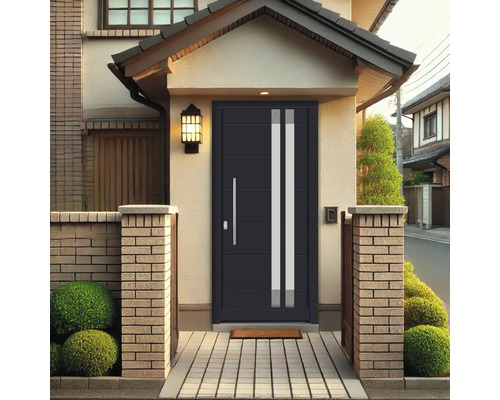 Haustür mit Griffstange und Glaseinsätzen in Hauseingang