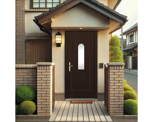 Zone d''entrée d''une maison avec porte d''entrée et clôture en briques