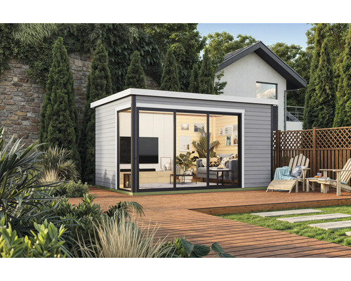 Abri de jardin moderne avec terrasse et mobilier de jardin