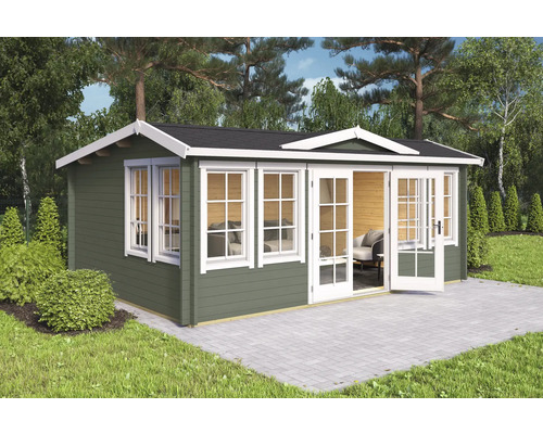 Gartenhaus Outdoor Life Balmoral 44 inkl. Fußboden 570 x 421,3 cm graugrün Holzgartenhaus mit Fenstern und Doppeltür auf gepflasterter Fläche