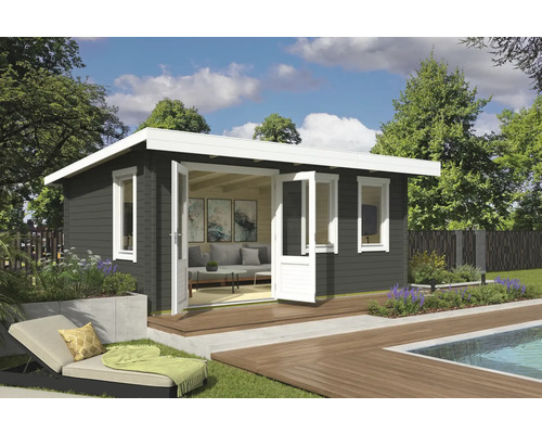 Gartenhaus Outdoor Life Baruda 53 inkl. Fußboden 570 x 415 cm graugrün Gartenhaus mit Terrasse, Pool und Liegestuhl im Garten