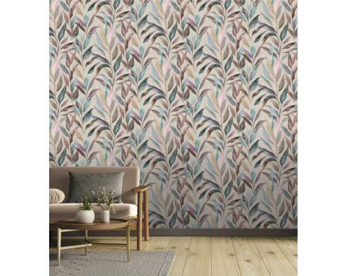 Salon avec papier peint à motifs de feuilles