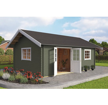 Abri de jardin avec double porte, fenêtres et toit à deux pentes