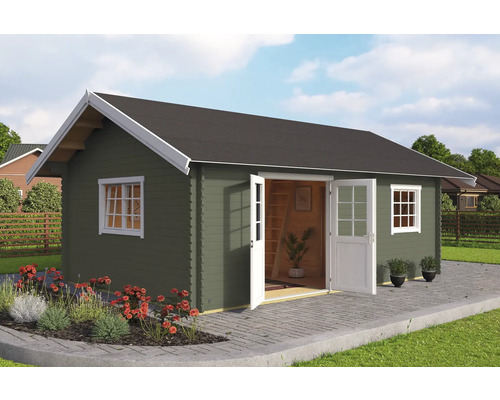 Abri de jardin avec double porte, fenêtres et toit à deux pentes