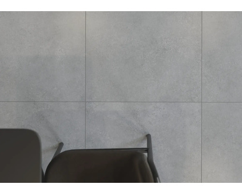 Carrelage gris avec chaise et table vus de dessus