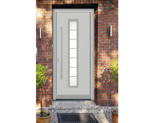 Porte d''entrée moderne avec insert en verre dans une maison en brique