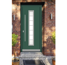 Porte d''entrée verte avec insert en verre dans une maison en briques