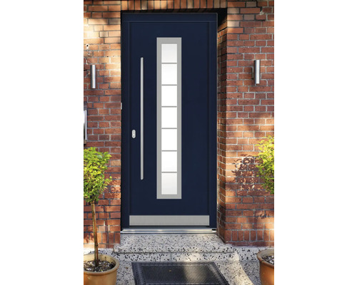 Porte d''entrée moderne avec insert en verre et poignée en acier inoxydable devant un mur de briques
