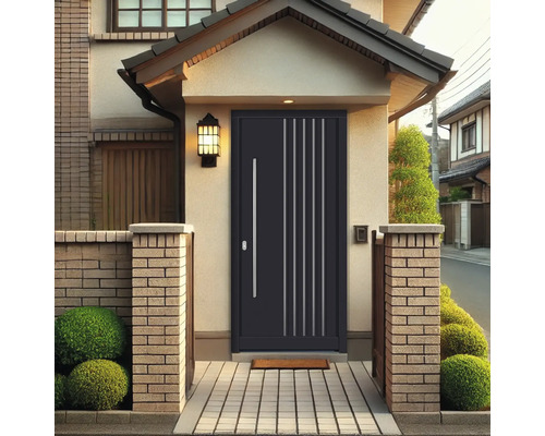 Haustür mit vertikalen Zierelementen und Griff