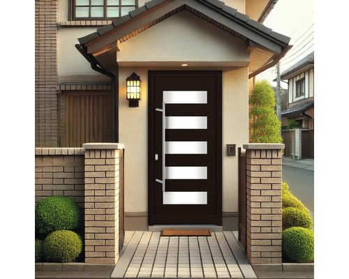 Haustür mit Glaseinsätzen und Edelstahlgriff in einem Wohnhaus