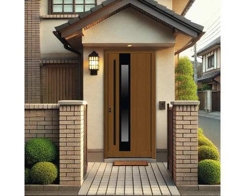 Haustür mit Glaseinsatz und Seitenelementen in einem Wohnhaus