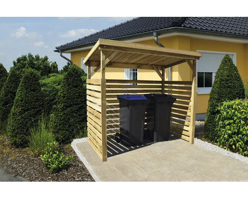 Holz Mülltonnenbox mit zwei Mülltonnen auf einem Hof