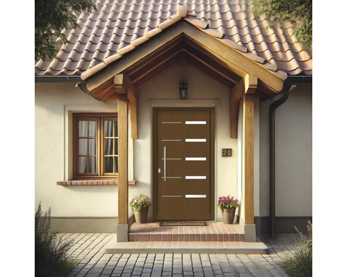 Eingangsbereich eines Hauses mit Haustür, Überdachung und Fenster