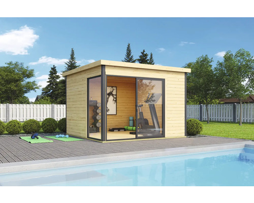 Abri de jardin en bois avec porte coulissante et équipement de fitness à côté d'une piscine