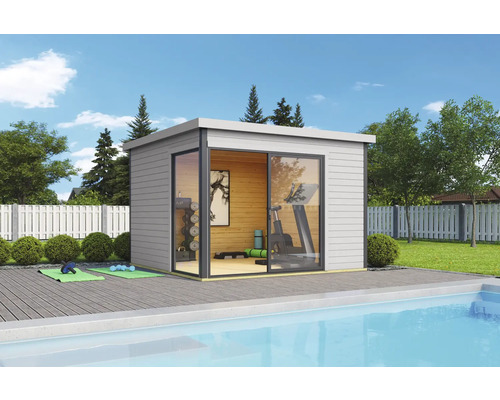 Abri de jardin avec porte coulissante et appareils de fitness à côté d'une piscine