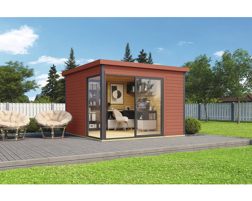 Abri de jardin moderne avec porte coulissante et mobilier de bureau sur terrasse avec mobilier de jardin