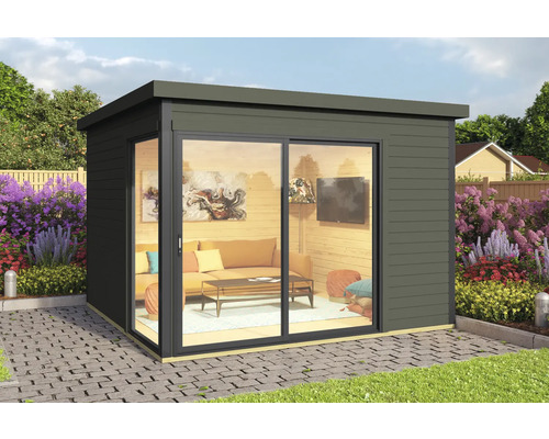 Abri de jardin moderne avec porte coulissante et ameublement