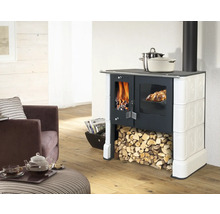 Kaminofen mit Holzfeuer, Backofen und Holzscheitlager in einem Wohnzimmer