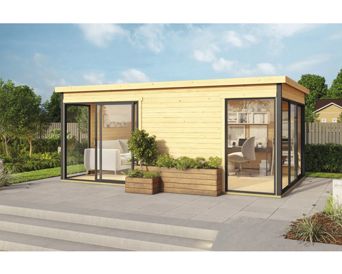 Abri de jardin avec façade en verre et jardinières en bois