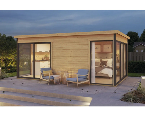 Abri de jardin moderne avec cuisine et chambre à coucher, ainsi qu'un coin salon extérieur