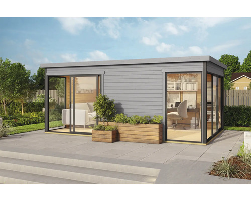 Maison de jardin moderne avec portes coulissantes et façades vitrées, y compris des plantations