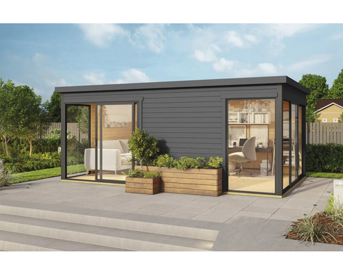 Pavillon de jardin moderne avec portes coulissantes et revêtement en bois, utilisé comme bureau et espace de vie