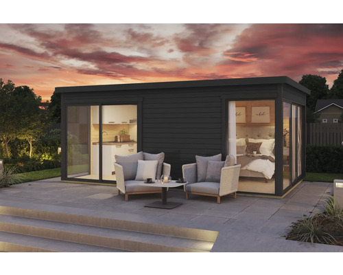 Maison de jardin moderne avec cuisine, chambre et terrasse avec coin salon