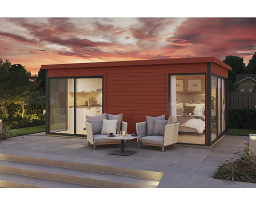 Maison de jardin moderne avec salon et chambre, coin salon sur la terrasse