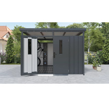 Abri de jardin métallique avec portes ouvertes et vélos