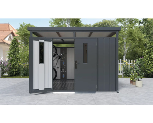 Abri de jardin métallique avec portes ouvertes et vélos