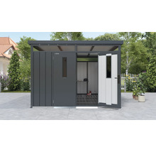 Abri de jardin métallique avec porte ouverte et vue sur l''intérieur
