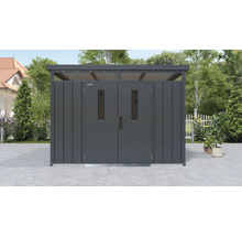 Abri de jardin métallique avec double porte et lanterneau dans le jardin