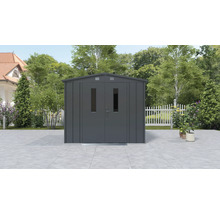 Abri de jardin métallique avec double porte et fenêtres dans le jardin