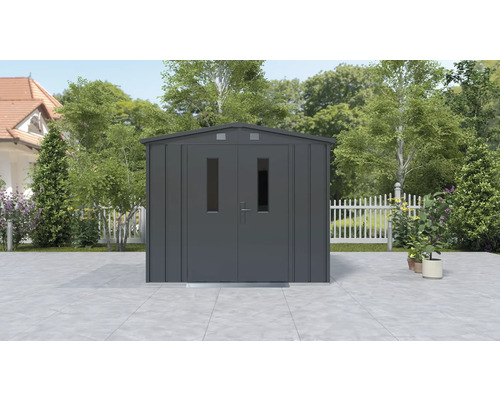 Metall Gerätehaus mit Doppeltür und Fenstern im Garten