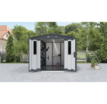 Abri de jardin en métal avec portes ouvertes et outils de jardin à l''intérieur.