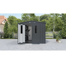 Abri de jardin en métal avec porte ouverte et vélos à l''intérieur