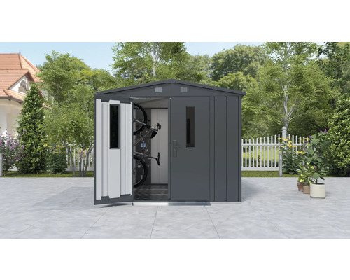 Metall Gerätehaus mit geöffneter Tür und Fahrrädern im Inneren