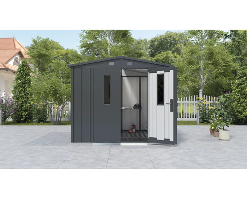 Gartenschuppen aus Metall mit geöffneter Tür und Fenster