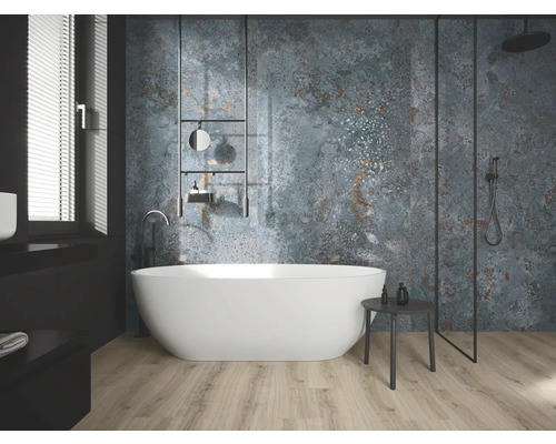 Salle de bains moderne avec baignoire îlot, douche et carreaux muraux structurés