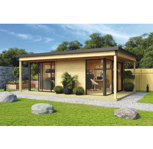 Maison de jardin moderne avec de grandes façades en verre et un mobilier de bureau