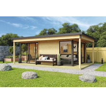 Maison de jardin moderne avec façade en bois, façade en verre et terrasse avec banc